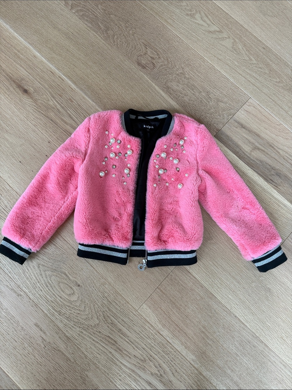 kidpik Pink Faux-Fur Bomber Jacket with Pearl & Gem Accents